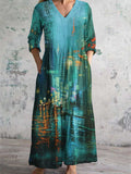 Women's V-Neck Urban Night Scene Oil Painting Art Print Cotton And Linen Pocket Dress