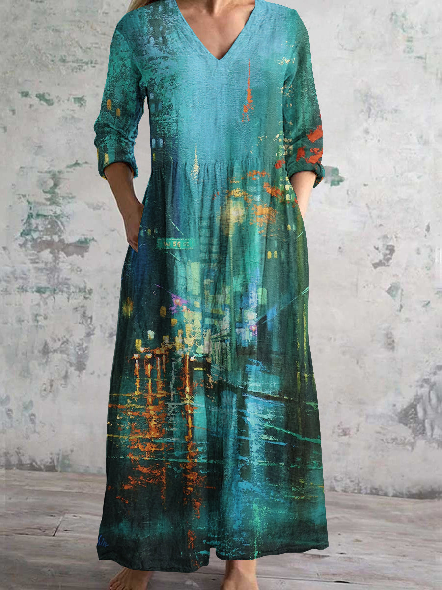 Women's V-Neck Urban Night Scene Oil Painting Art Print Cotton And Linen Pocket Dress