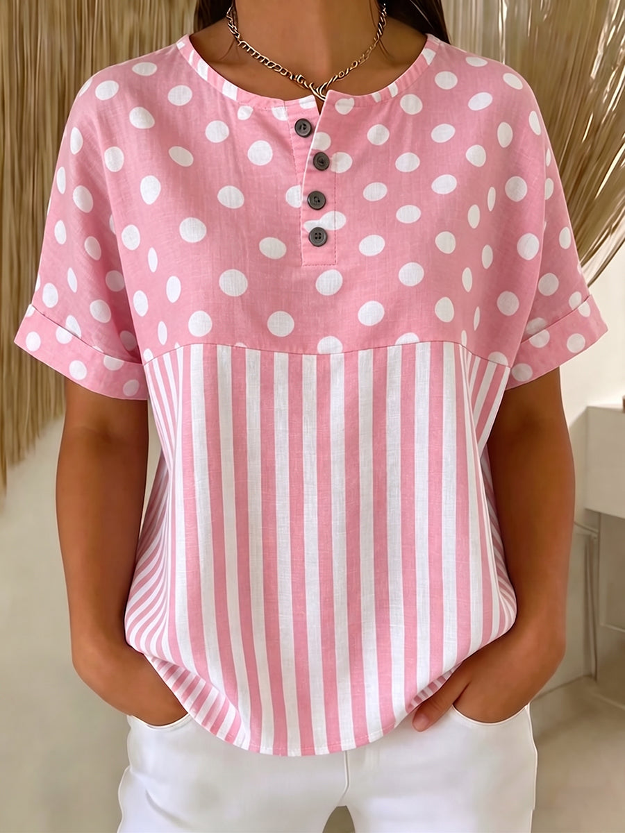 Artistic Polka Dot & Stripe Cotton-linen Blouse