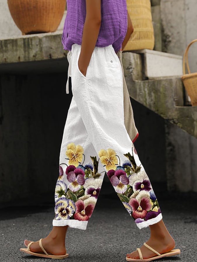 Women's Purple Floral Print Alzheimer's Awareness Support Pants