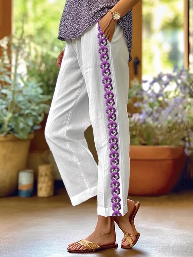 Women's Purple Pansy Floral Print Casual Pants
