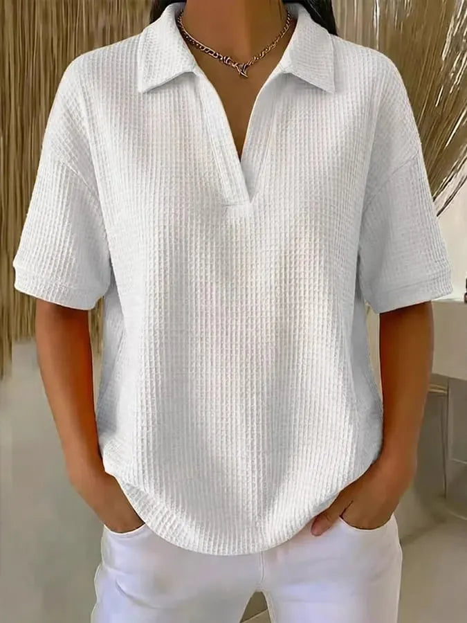 Women'S Casual Solid Color Lapel Short-Sleeved Top
