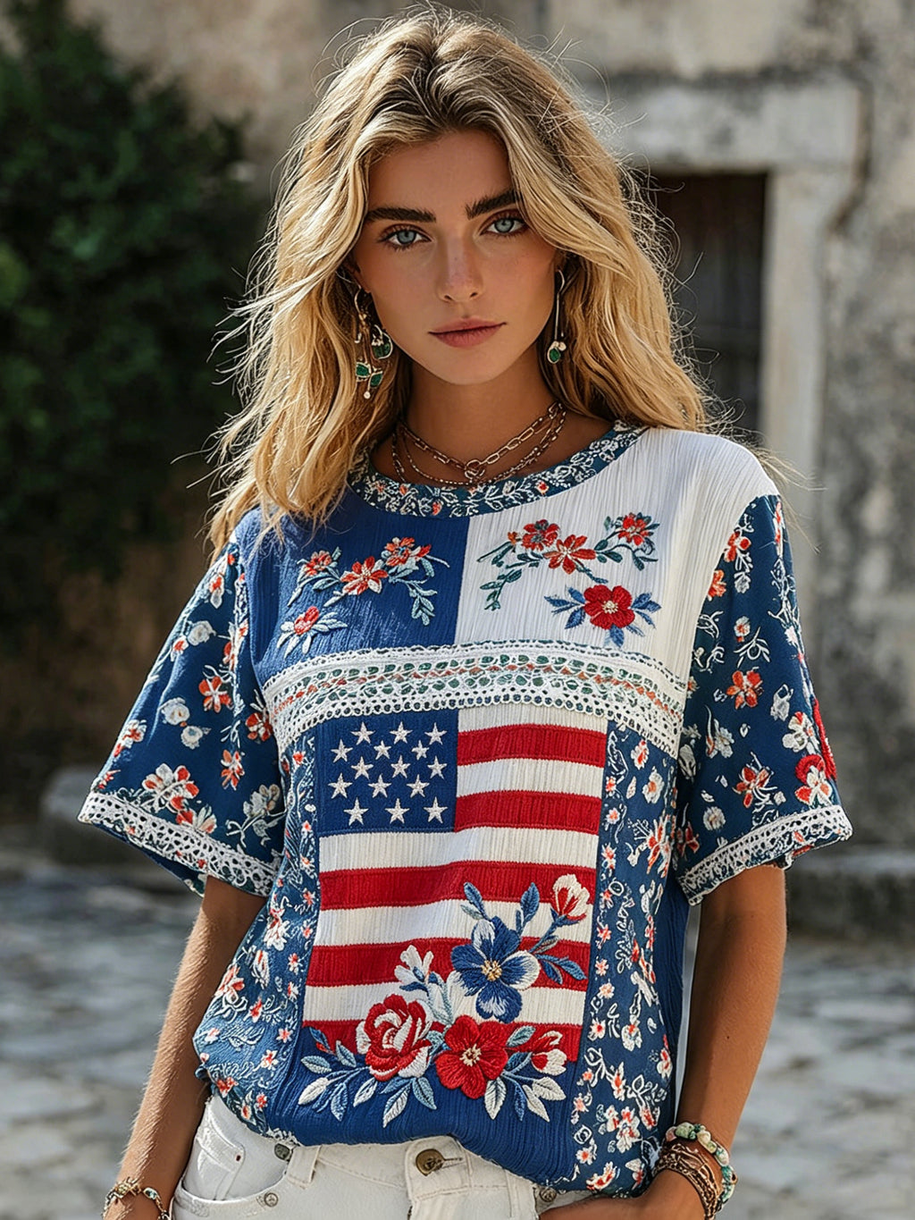 Women's Independence Day Floral Patchwork Linen Blend Crew Neck T-shirt