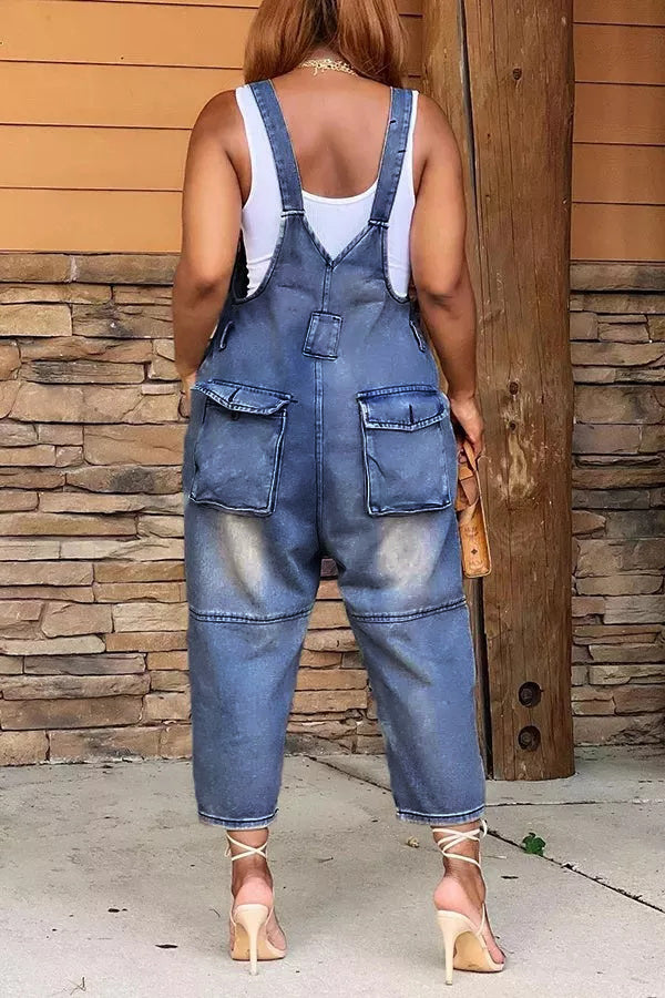 Fashion Casual Designer Style Denim Suspender Jumpsuit