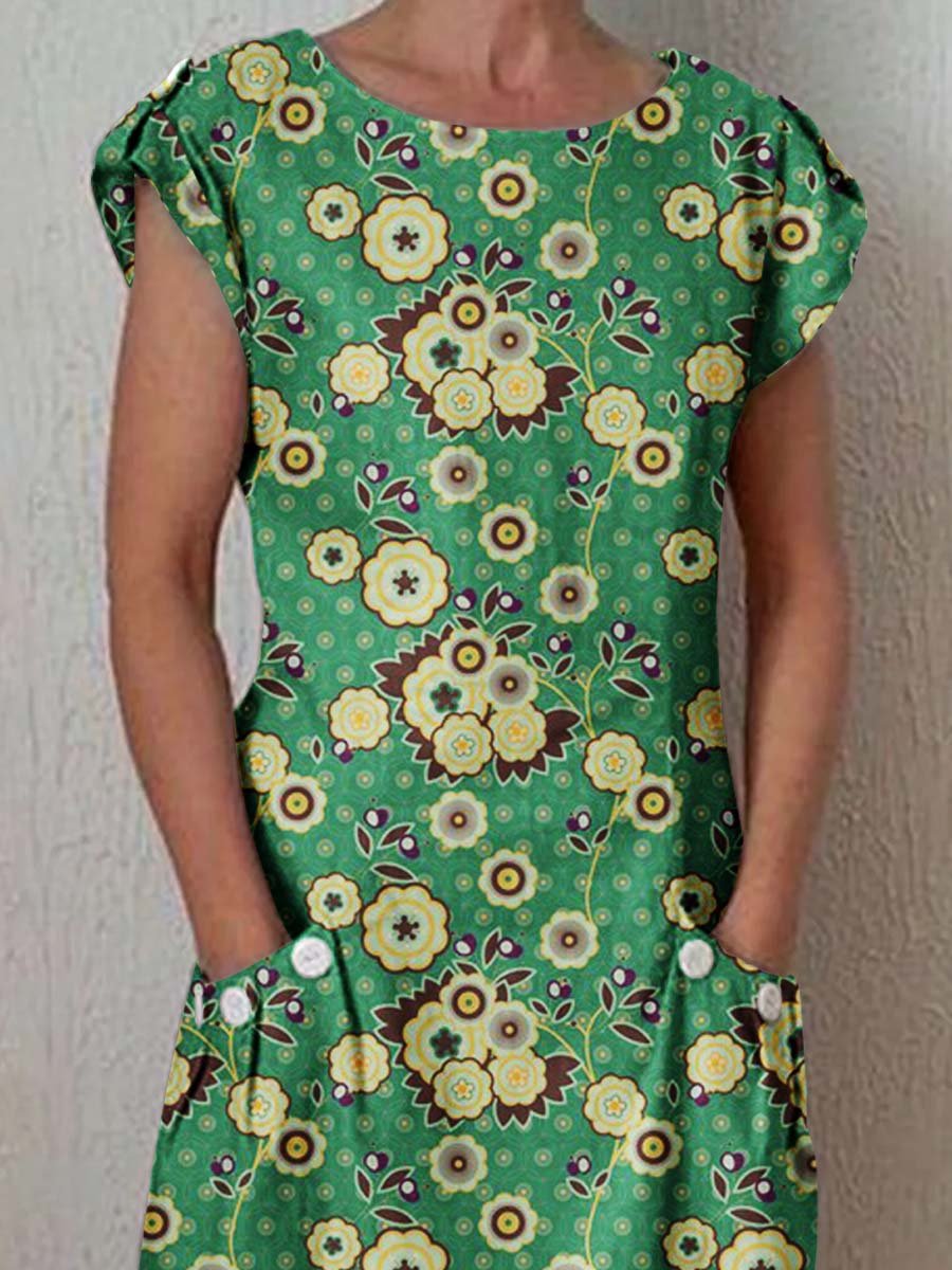 Women's Classic Art Floral Print Cotton and Linen  Dress