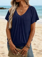 Women's V-Neck Pleated Loose Short-Sleeved T-Shirt
