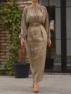Pleated High Collar Shirt and Skirt Linen Two-piece Suit