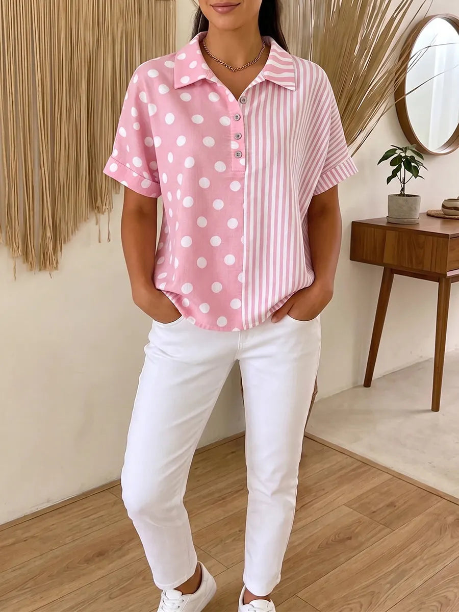 Artistic Polka Dot & Stripe Cotton-linen Blouse