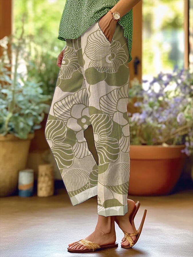 Women's Botanical Floral Design Loose Pocket Patchwork Casual Pants