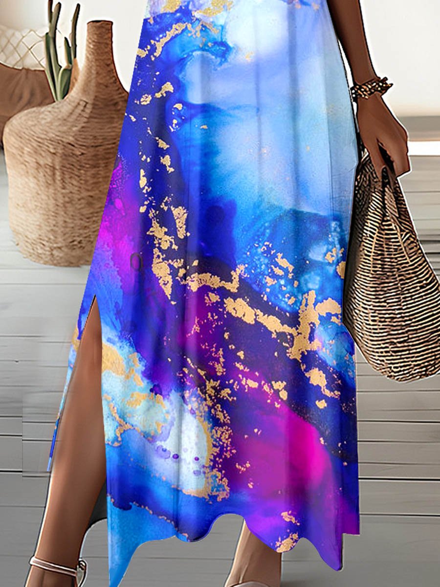 Women's V -Neck Art Splash Ink Printed Dress