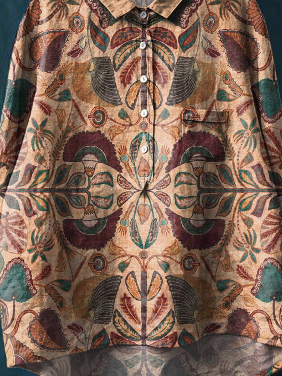 Vintage Ethnic Floral Pattern Art Print Casual Cotton And Linen Shirt