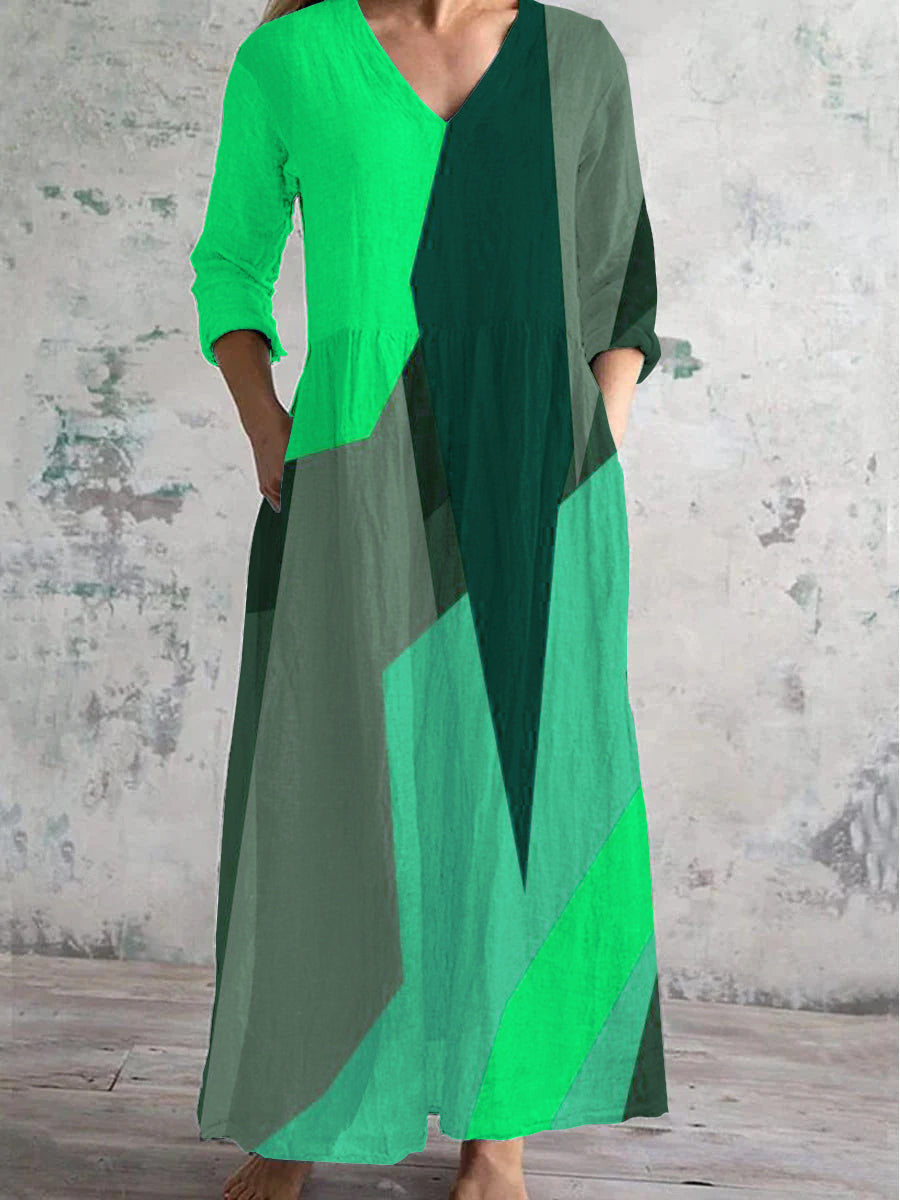 Women's V-Neck Abstract Geometric Art Cotton And Linen Pocket Dress