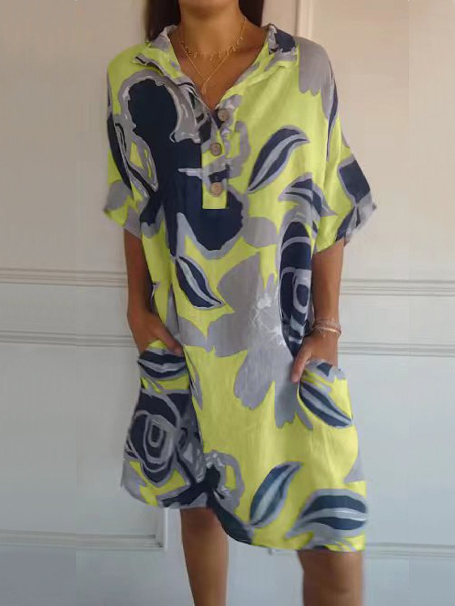 Women's Cotton and Linen Large Floral Pattern Printed Dress