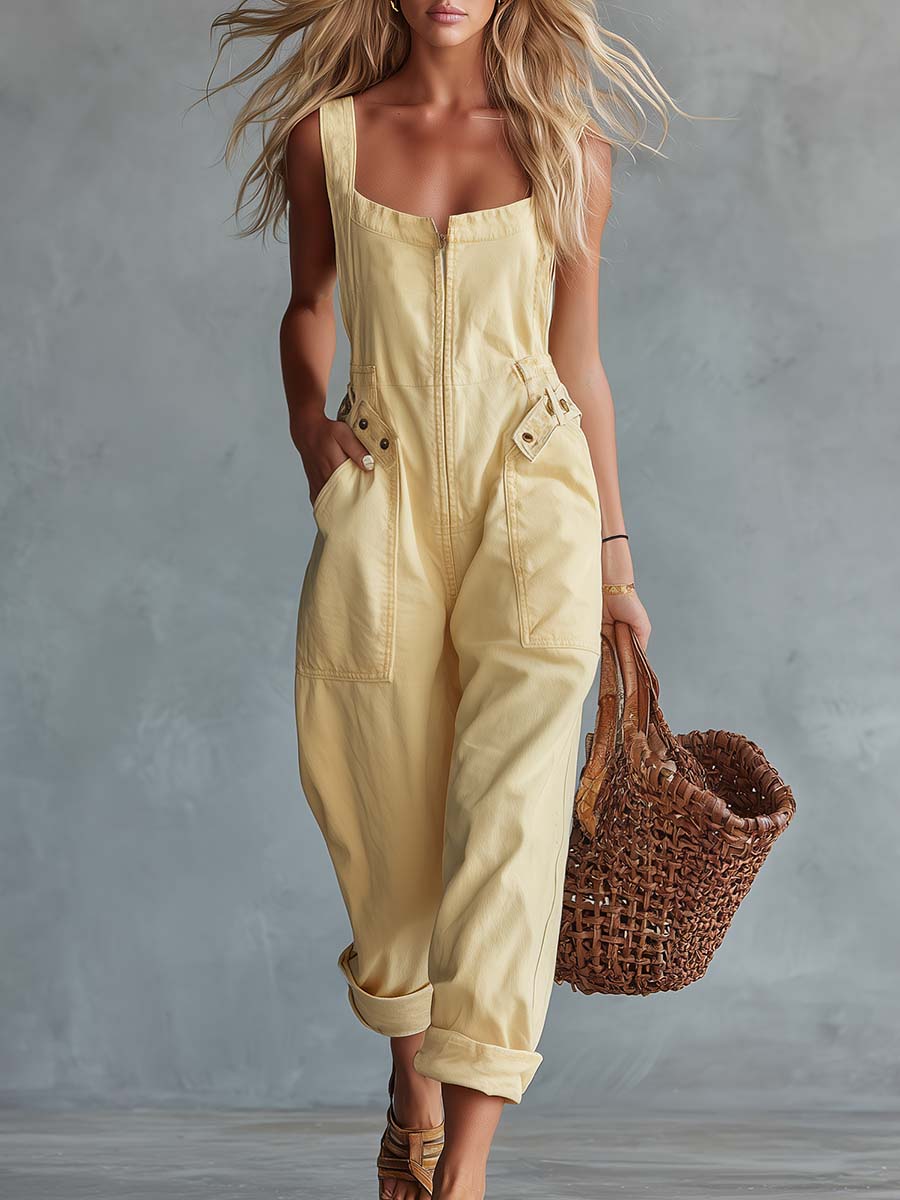 Casual Yellow Square-Neck Jumpsuit with Front Zipper