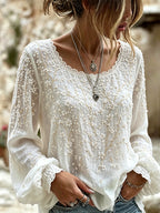 Women's White Cherry Blossom Embroidered Art Crew Neck Long Sleeve Linen Blend T-shirt
