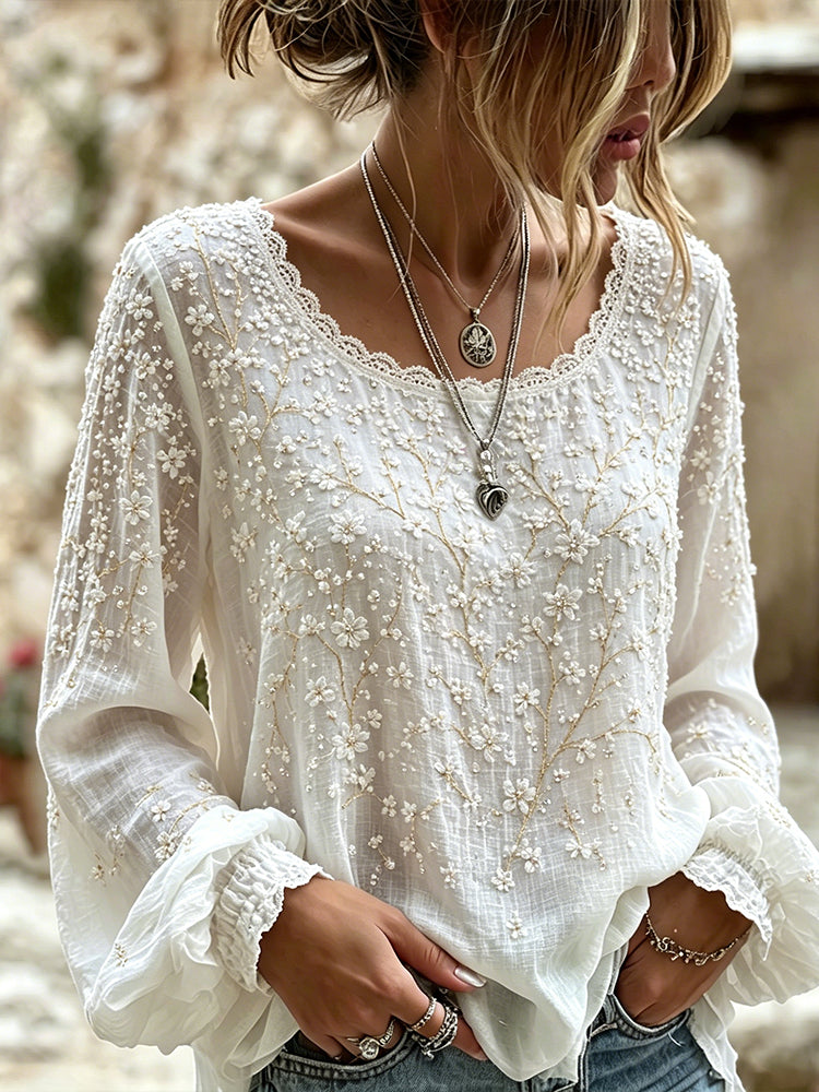 Women's White Cherry Blossom Embroidered Art Crew Neck Long Sleeve Linen Blend T-shirt