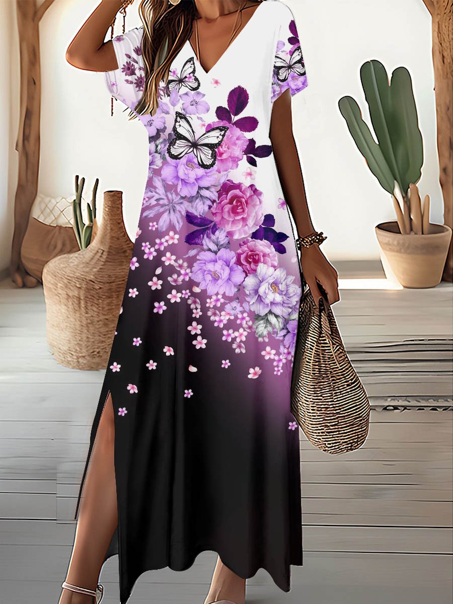 Women's V -neck Art Flower Printing Dress