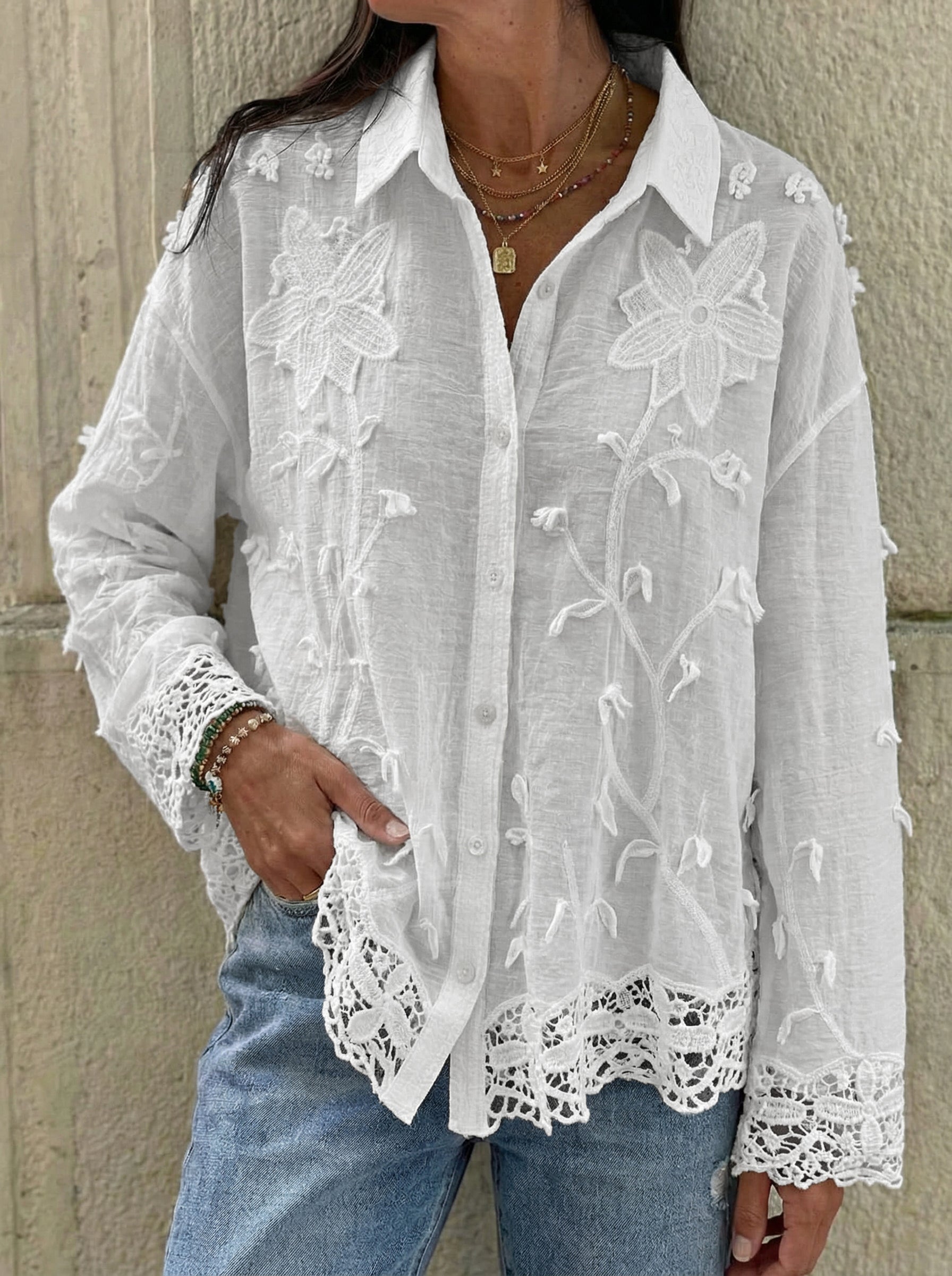 Cotton and linen collared 3D embroidered shirt