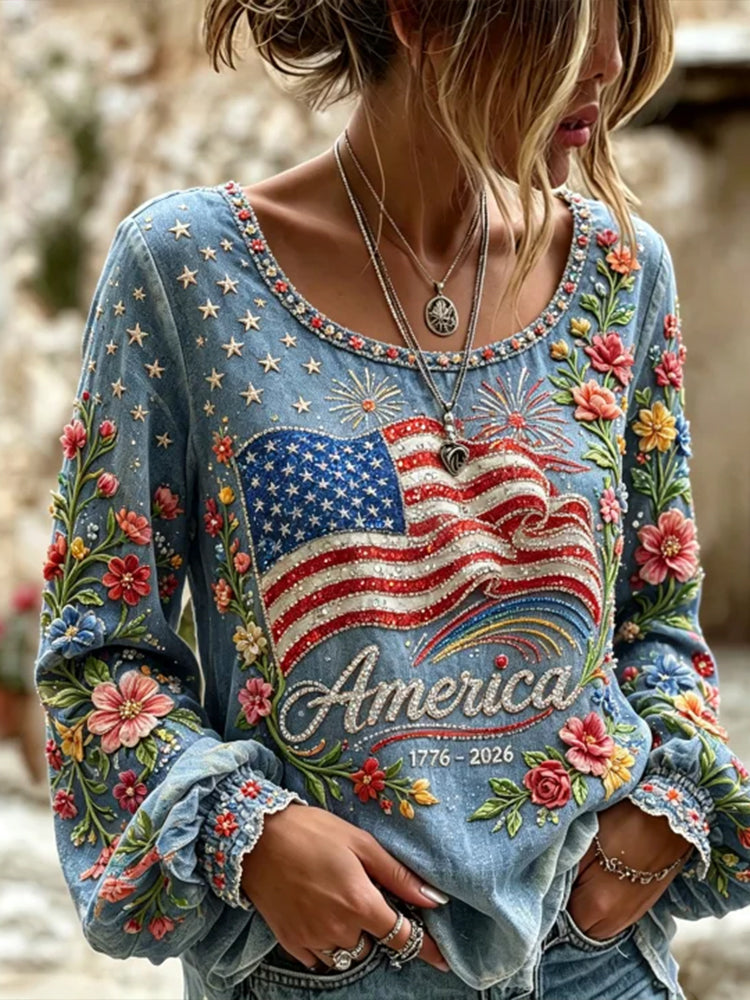 Vintage American Anniversary Flag And Floral Casual Crewneck Cotton Linen Long Sleeve Top