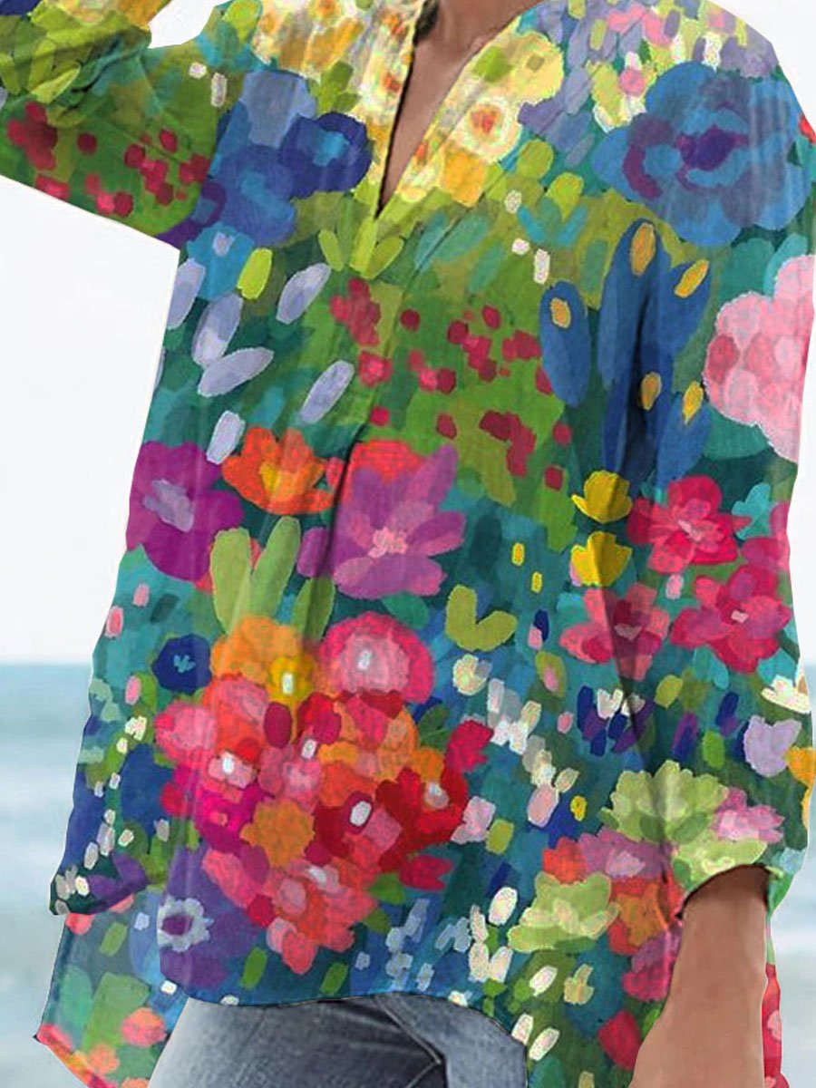 Women's Vintage Lovely Floral Art Print Casual Linen V-neck Shirt