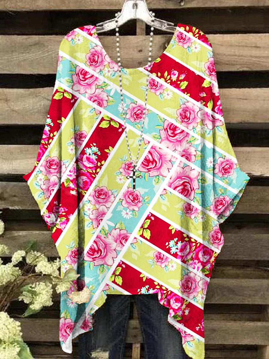 Women's Vintage Irregular Rose Round Neck Short Sleeve Top