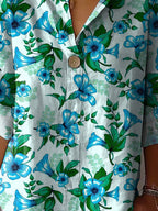 Summer Tropical Blue Floral Pattern Printed Women's Casual Cotton Linen Shirt