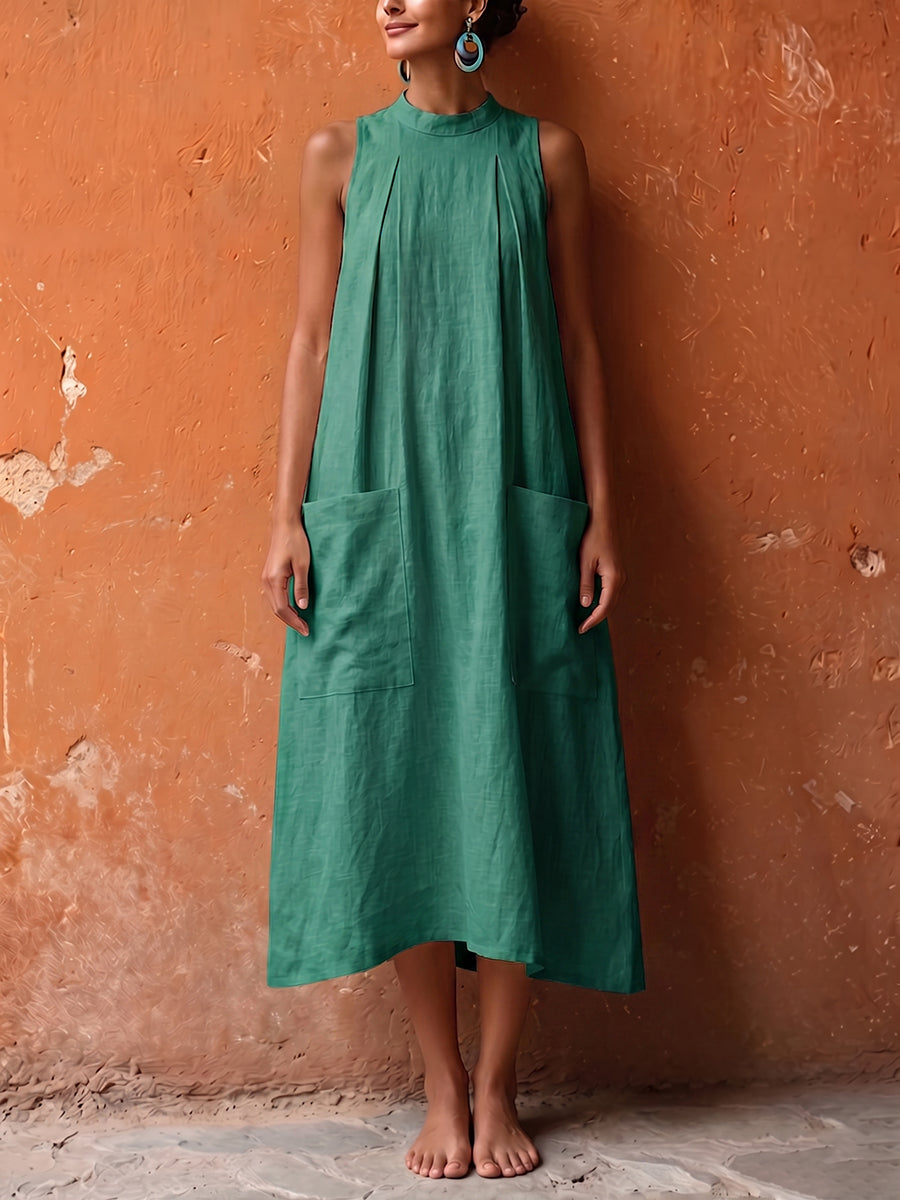 Minimalist Mock-neck Pleated Cotton-linen Midi Dress
