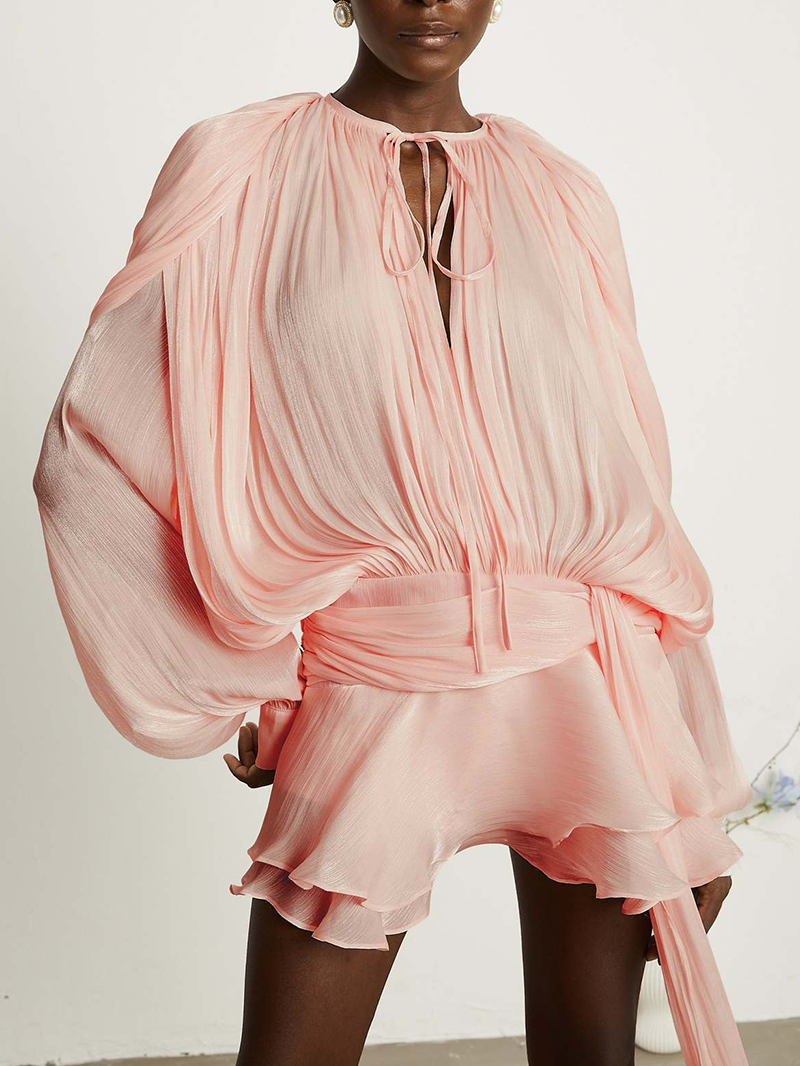French-style ruffled and gathered short dress with leggings