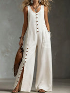 Women's Vintage Sleeveless Round-neck Button-front Jumpsuit