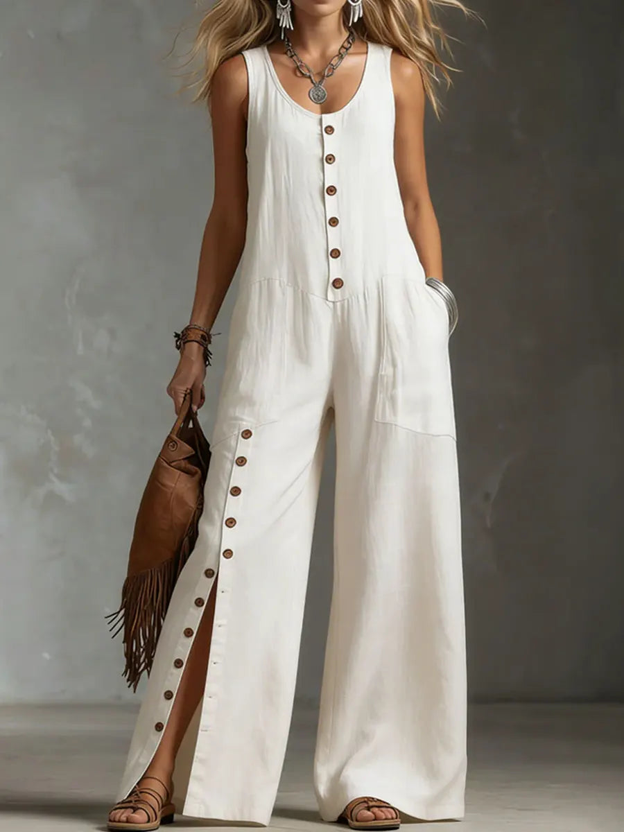 Women's Vintage Sleeveless Round-neck Button-front Jumpsuit
