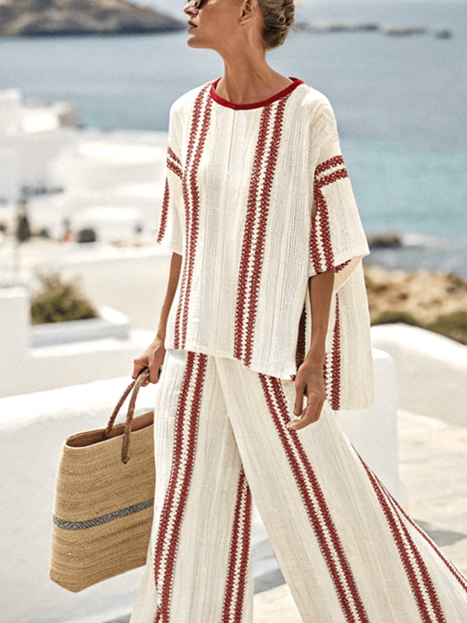 Women's Casual Loose Striped Pants Set