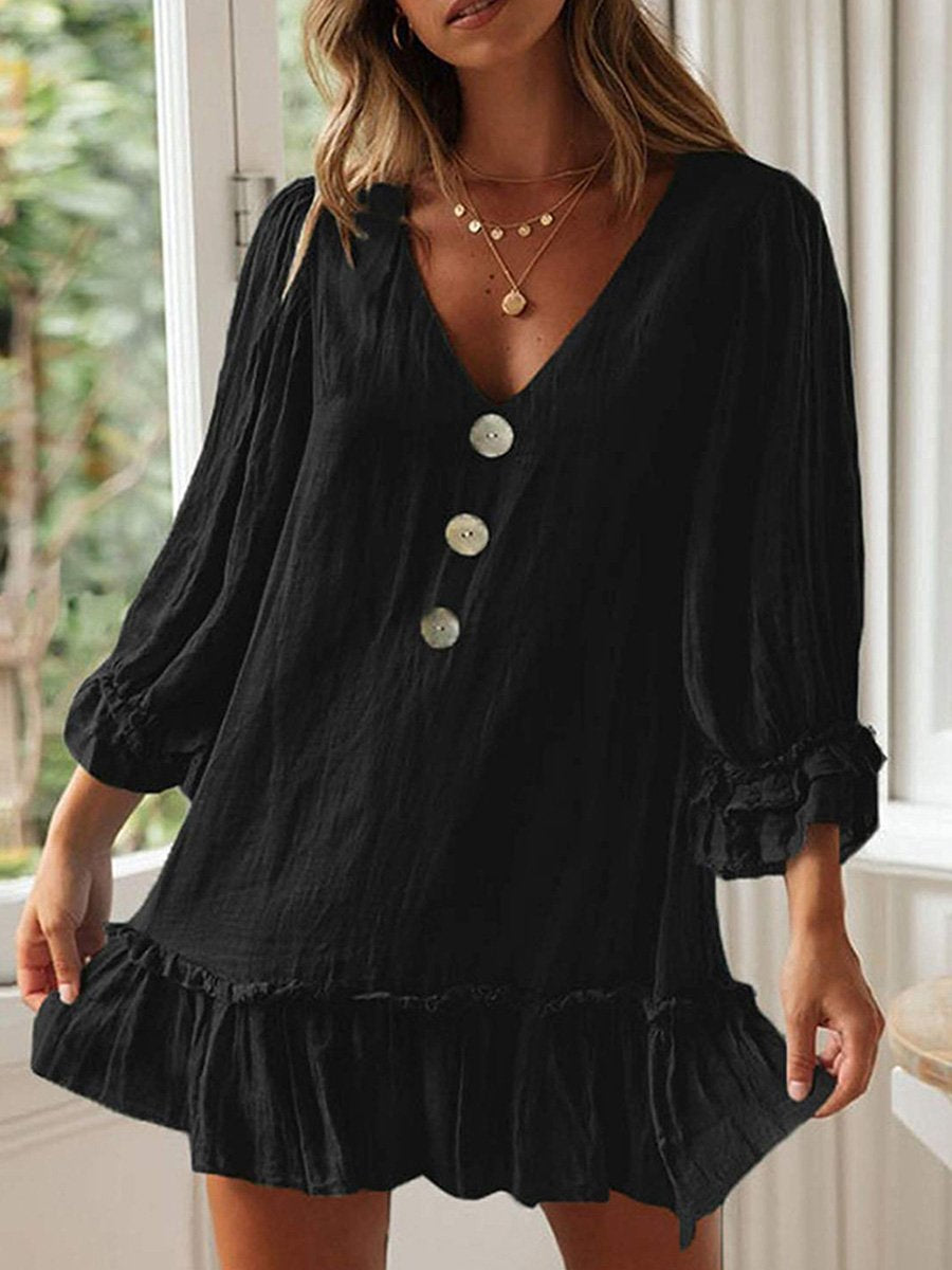 Women's Long Sleeve Ruffle Hem Cotton And Linen A-Line Dress