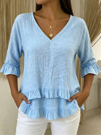 Casual Ruffled V-neck Cotton-linen Blouse Shirt