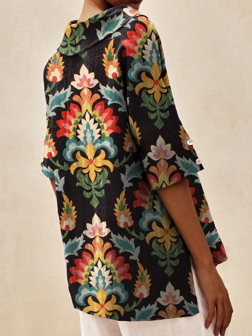 Women's Vintage Ethnic Floral Art Print Casual Linen V-neck Shirt