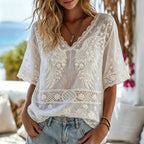 Women's Wings And White Floral Art Casual Cotton Linen V-neck Short Sleeve T-shirt