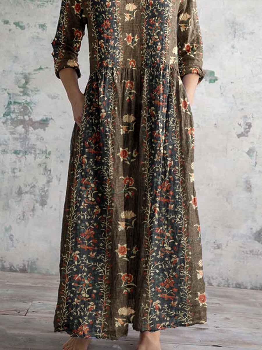 Women's Elegant Ethnic Geometric Floral Pattern Cotton Dress