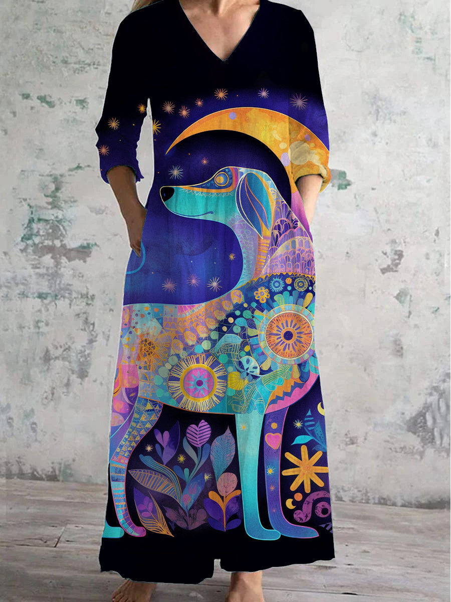 Women's V Neck Moon Dog Art Cotton and Linen Pocket Dress