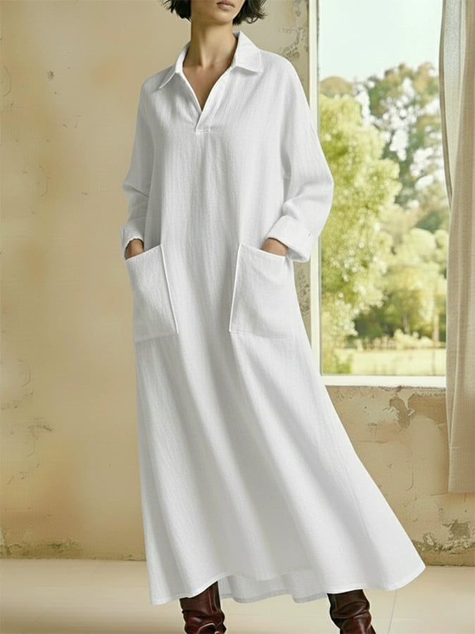 Women'S Casual Lapel Loose-Fitting Long-Sleeved Dress With Pockets