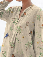 Boughs And Robin Birds Pattern Printed Women's Casual Linen V-Neck Shirt