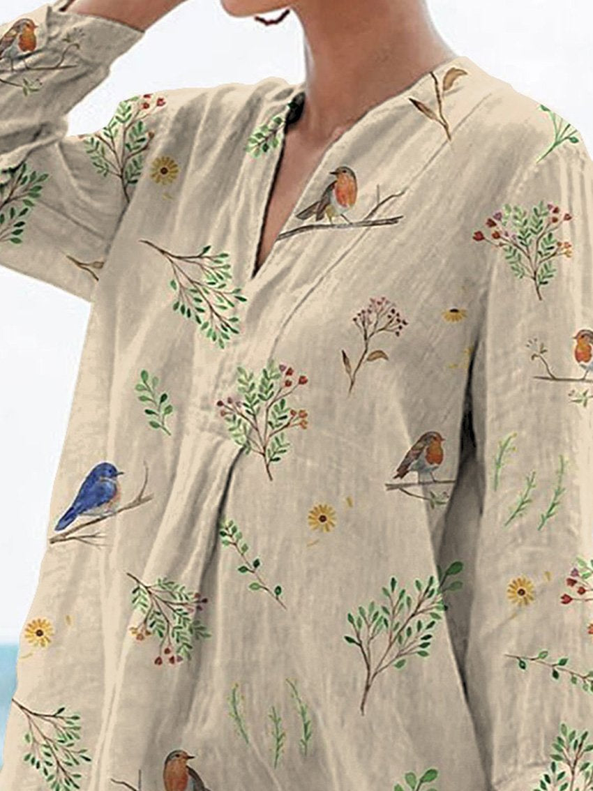 Boughs And Robin Birds Pattern Printed Women's Casual Linen V-Neck Shirt