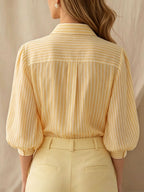 Women's Striped 3/4-sleeve Puff-sleeve Lapel Collared Shirt