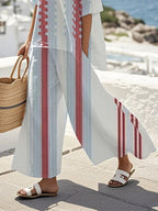 Women's Loose Round Neck Striped Contrast Color Pants Set