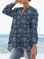 Women's Vintage Floral Art Print Casual Linen V-neck Shirt