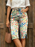 Women's Colorful Floral Art Print Casual Denim Shorts