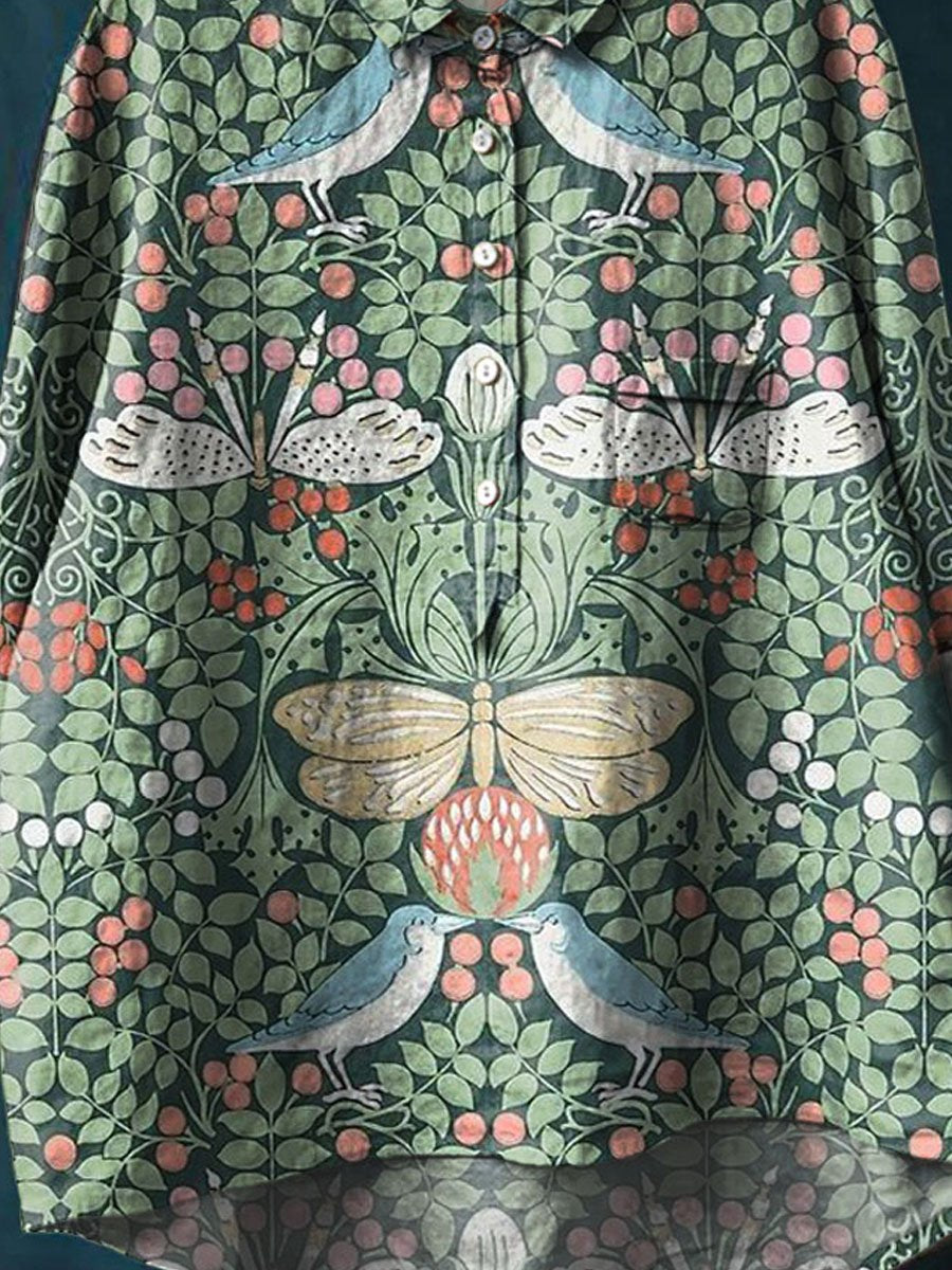 Vintage Ethnic Lovely Birds Floral Art Print Casual Cotton And Linen Shirt