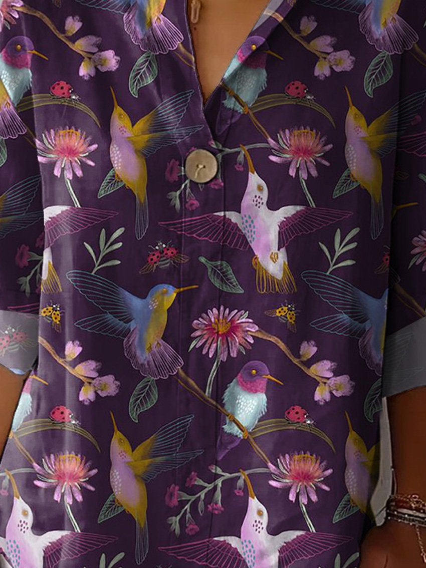 Midnight Hummingbird Pattern Printed Women's Casual Cotton Linen Shirt