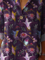 Midnight Hummingbird Pattern Printed Women's Casual Cotton Linen Shirt
