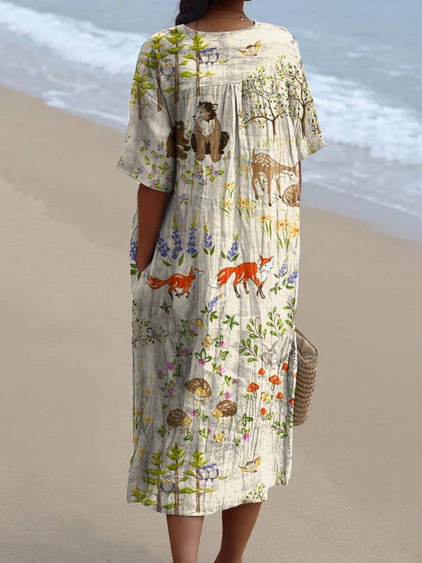 Women's Vintage Lovely Animals Woodland Art Print Flowy Dress