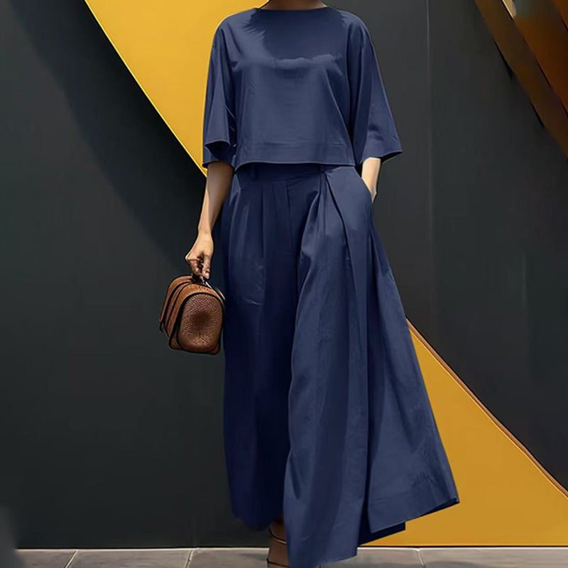 Women's Casual Round Neck 3/4 Sleeve T-Shirt & Loose Pants 2-Piece Set