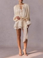 French-style ruffled and gathered short dress with leggings